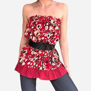 Sheer strapless ruffled polka dot statement top tunic mini dress